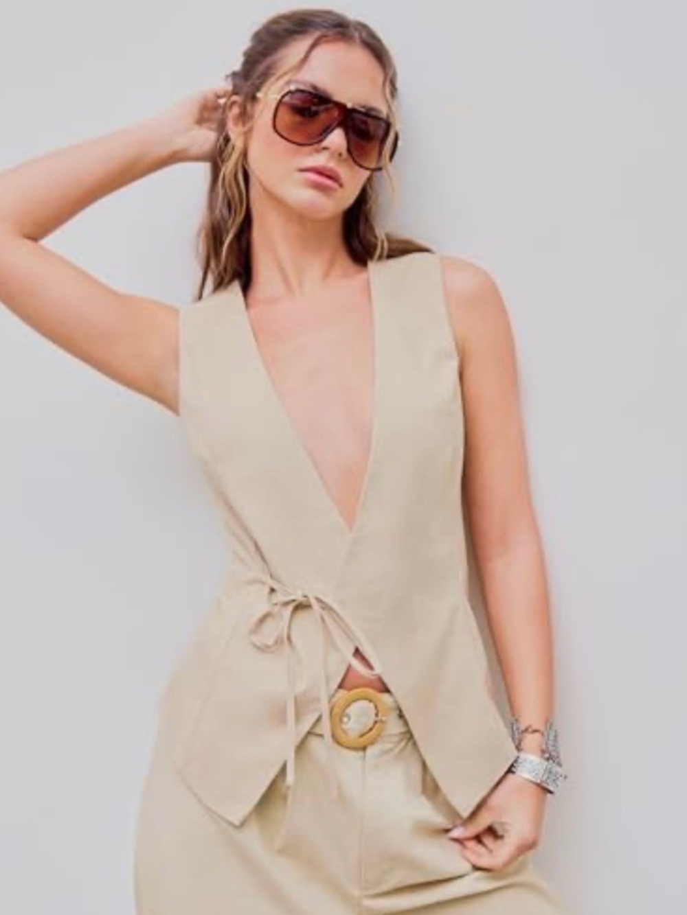 Cider Sleeveless Wrap Vest Jumpsuit in Beige